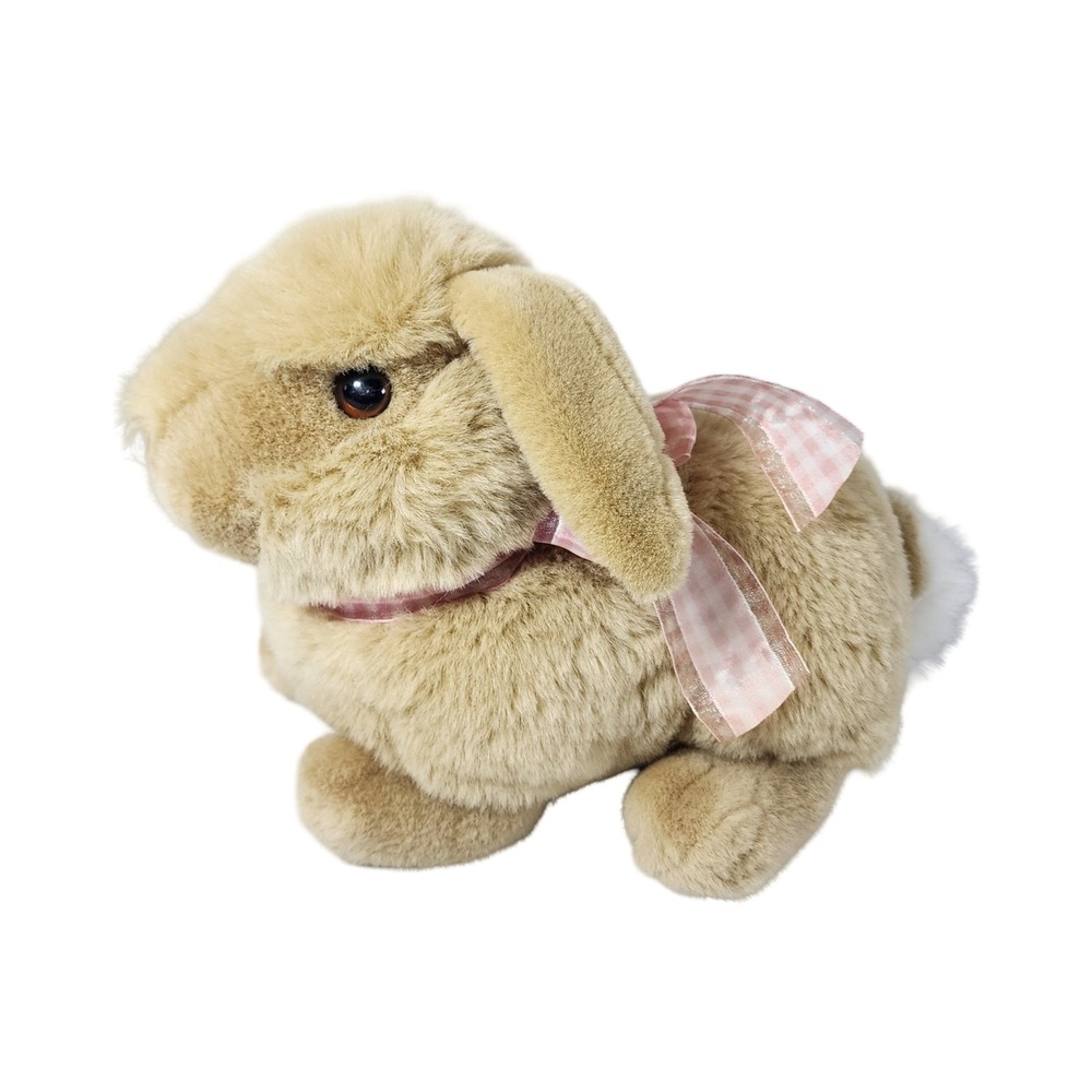 Walmart Vintage Bunny Rabbit Plush Tan Gingham Bow 13" Realistic Stuffed Toy